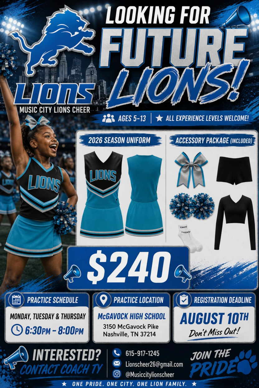 Music City Lions cheer uniforms flyer — $240, ages 5–12