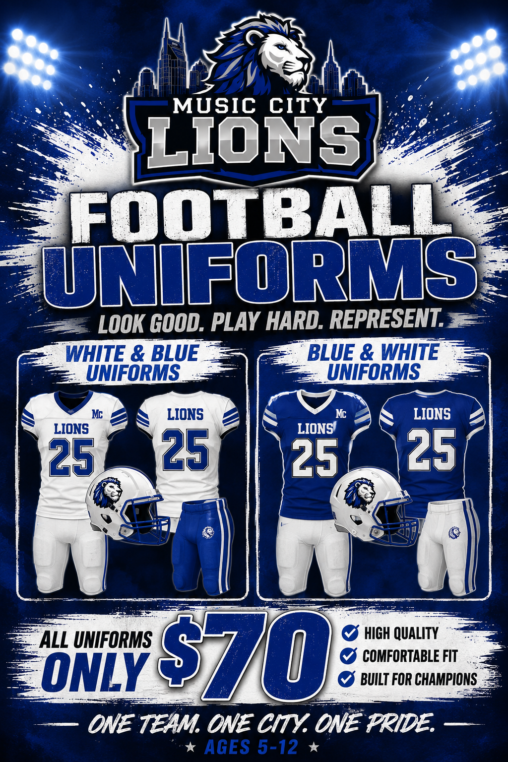 Music City Lions football uniforms flyer — $70, ages 5–12