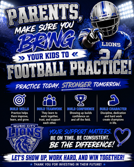 Music City Lions parent message: bring kids to football practice