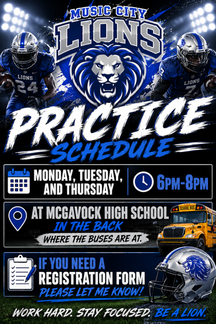 Music City Lions practice schedule flyer with players in blue uniforms