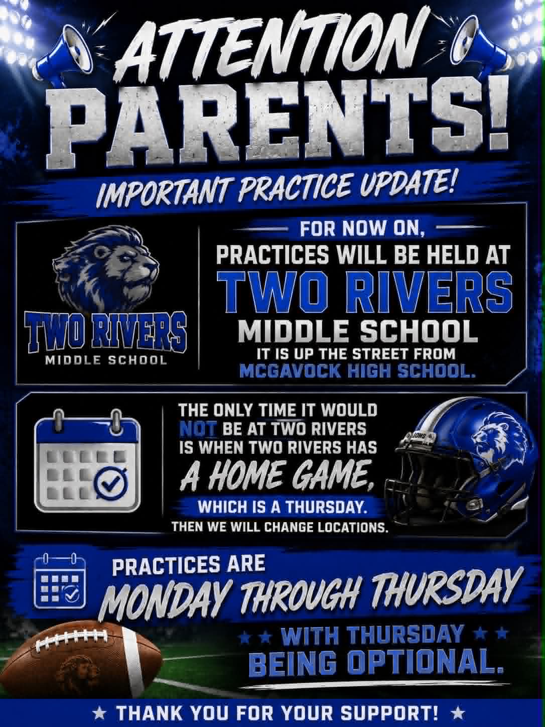 Music City Lions practice schedule update